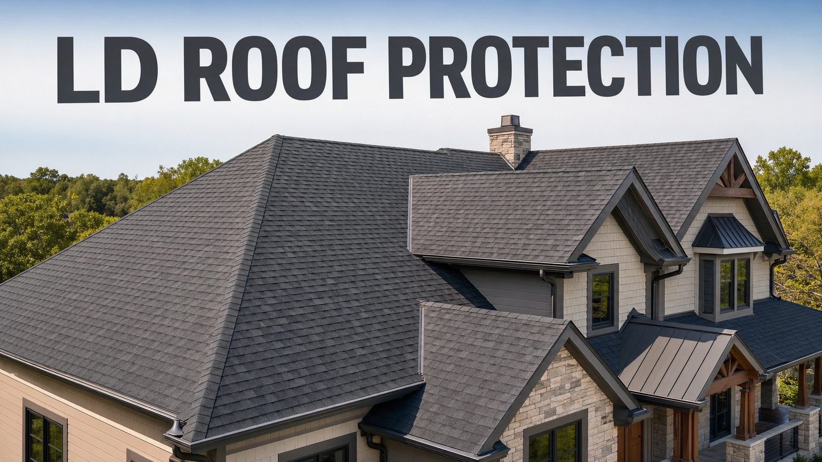 LD Roof Protection branded hero showing a residential rooftop with new shingles